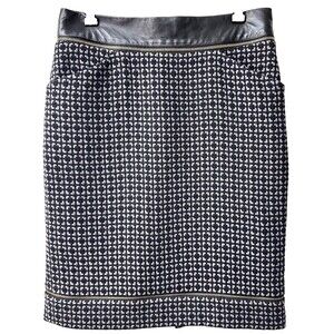 Etcetera Women's Gray Black Tweed Leather Trim Below Knee Pencil Skirt Sz M